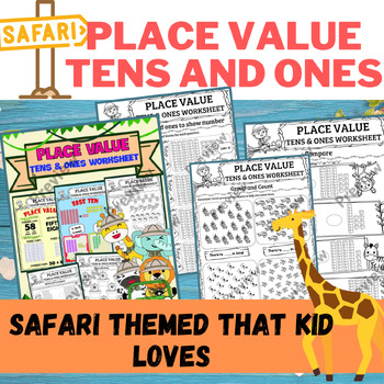 Preview of SAFARI themed Place Value/ Tens and Ones worksheet and poster