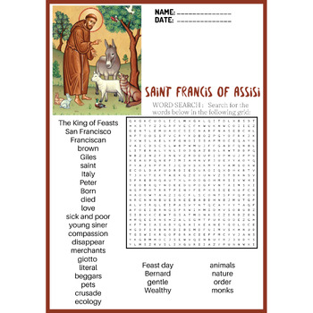 SAINT FRANCIS OF ASSISI word search puzzle worksheets activities