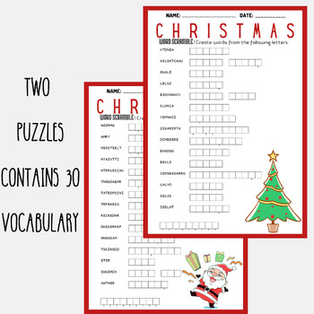 CHRISTMAS word scramble puzzle worksheet activity by Mind Games Studio