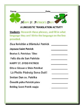 Preview of SAINT PATRICK'S DAY LINGUISTIC RESEARCH ACTIVITY