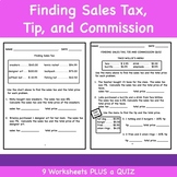 Sales Tax, Tip, and Commission No Prep Worksheets plus Quiz