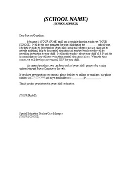 Preview of SAMPLE IEP Case Manager Letter to Parents