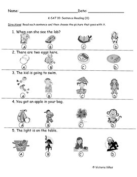 SAT-10 Kindergarten Sentence Reading Packet 2 by Victoria Vinas | TpT