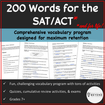 Preview of SAT ACT Vocabulary | Vocabulary Activities Assessments | 200 Words