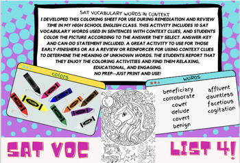 Preview of SAT Voc List 4 Bundle Quiz, Slideshow, color by number context 1 week unit FUN!