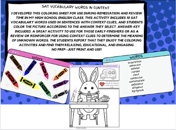 Preview of SAT Voc List Back to School Quiz Slideshow color by number context 1 week unit