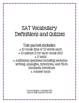 Preview of SAT Vocab Definitions and Quizzes - 100 Words and 10 Quizzes