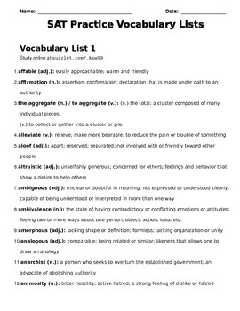 sat vocabulary practice lists packet 16 lists over 190 sat words