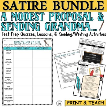 Preview of Teaching SATIRE Lessons Quiz Activities A Modest Proposal Sending Grandma BUNDLE
