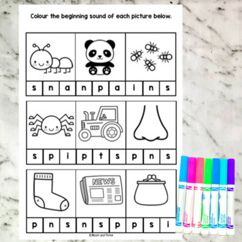 satpin beginning sounds no prep colour the sound worksheets by bloom and thrive