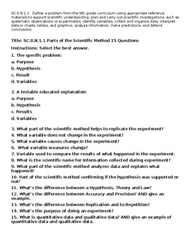 Preview of SC.8.N.1.1 Parts of the Scientific Method 15 Questions