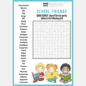 SCHOOL FRIENDS word search puzzle worksheets activity by Mind Games Studio