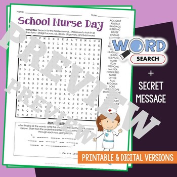 Preview of SCHOOL NURSE DAY Word Search Puzzle Activity Vocabulary Worksheet Secret Message