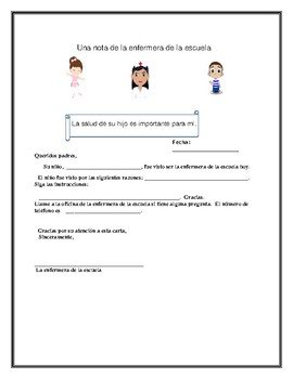 Preview of SCHOOL NURSE NOTE: ESL/SPANISH