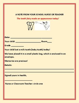 Preview of SCHOOL NURSE NOTE/TEACHER NOTE: THE TOOTH FAIRY APPEARED!