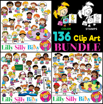 Preview of SCHOOL SCHEDULE Clipart Bundle. BLACK/ WHITE & Color images. {Lilly Silly Billy}