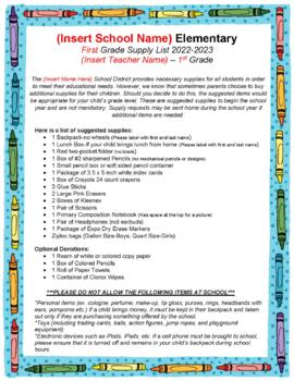 Preview of SCHOOL SUPPLY LIST - Elementary (Editable)