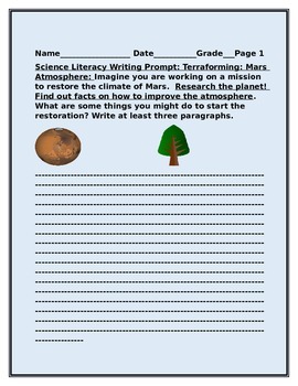 Preview of SCIENCE LITERACY WRITING PROMPT: TERRAFORMING MARS!