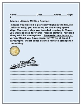 Preview of SCIENCE LITERACY WRITING PROMPT: VENUS: GRADES 4-9