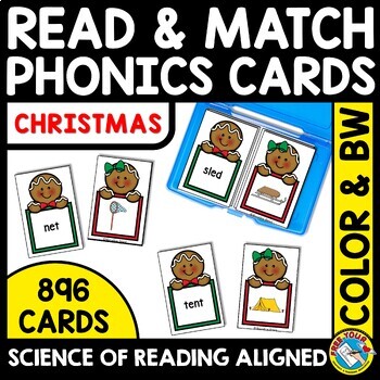 Preview of SCIENCE OF READING CENTERS PHONICS CHRISTMAS TASK CARDS WORD WORK READ & MATCH