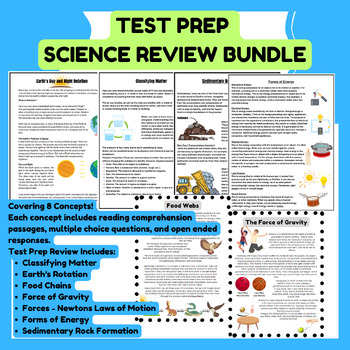 Preview of SCIENCE REVIEW BUNDLE| PRINTABLE READING COMPREHENSION AND TEST PREP QUESTIONS