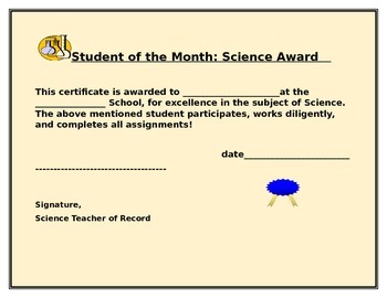 Preview of SCIENCE STUDENT OF THE MONTH CERTIFICATE