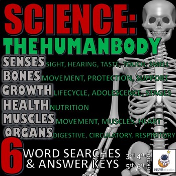 Preview of SCIENCE - The human body - 6 wordsearches and key, move, grow, health, organs