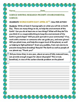 Preview of SCIENCE WRITING PROMPT:  CELEBRATE EARTH DAY-APRIL 22ND