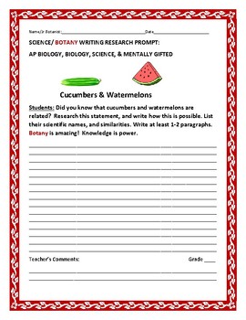 Preview of SCIENCE WRITING RESEARCH PROMPT: BOTANY: CUCUMBERS & WATERMELON