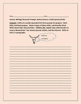 Preview of SCIENCE WRITING/RESEARCH PROMPT: CATTLE SPECIES