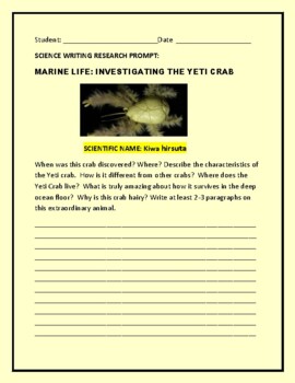 Preview of SCIENCE WRITING RESEARCH PROMPT: MARINE LIFE/ INVESTIGATING THE YETI CRAB