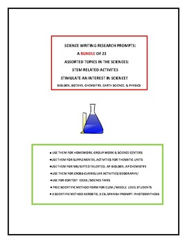 Preview of SCIENCE WRITING RESEARCH PROMPTS: BUNDLE SET OF 21: DIVERSE TOPICS