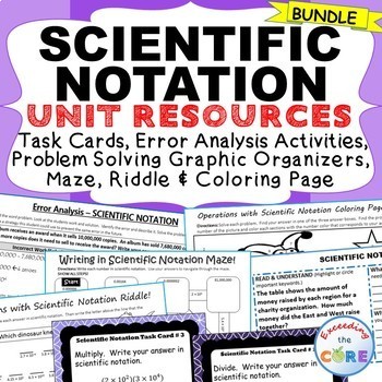 SCIENTIFIC NOTATION Bundle - Error Analysis, Task Cards, Word Problems, Puzzles