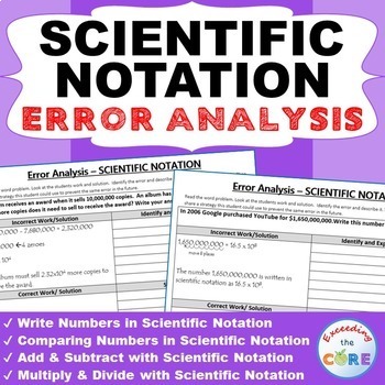 Preview of SCIENTIFIC NOTATION Word Problems -  Error Analysis  (Find the Error)