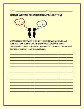 Preview of SCIENTISM & SCIENCE  PROMPT: GRS. 8-12, HS SCIENCES, MG, COLLEGE