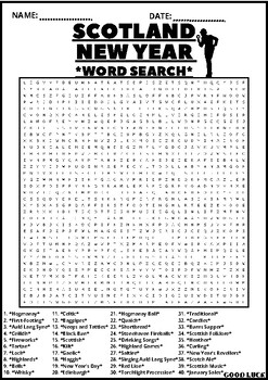 Preview of SCOTLAND NEW YEAR WORD SEARCH Puzzle Middle School Fun Activity Vocabulary