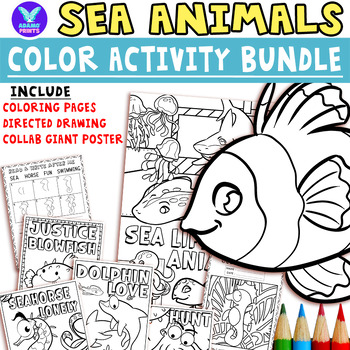 Preview of SEA ANIMALS ACTIVITY BUNDLE - Coloring, Directed Drawing, Collaboration Posters