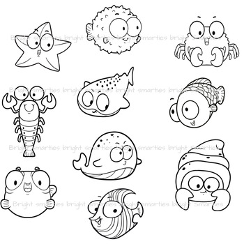 SEA CREATURES / Ocean Animals Coloured, B/W Cute Fish Clipart Illustrations