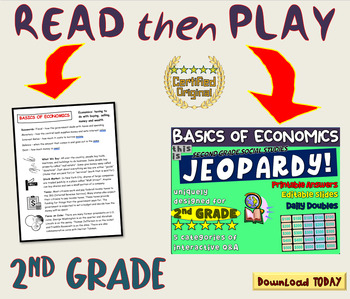 Preview of SECOND GRADE SOCIAL STUDIES JEOPARDY! "BASICS OF ECONOMICS" handouts & Slides