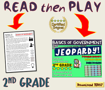 Preview of SECOND GRADE SOCIAL STUDIES JEOPARDY! "BASICS OF GOVERNMENT" handouts & Slides
