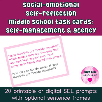 Preview of SEL Self-Reflection Task Cards/Prompts - Self-Management & Agency