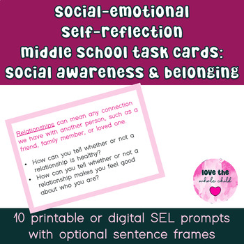 Preview of SEL Self-Reflection Task Cards/Prompts - Social Awareness & Belonging