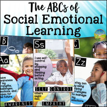 Preview of SEL Skills ABC Alphabet Posters - Print and Cursive Social-Emotional Vocabulary