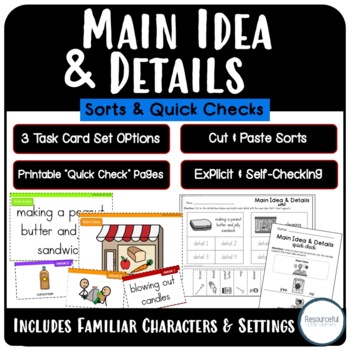 Preview of SELF-CHECKING Main Idea & Details Task Card Sort | DIFFERENTIATED | Quick Checks