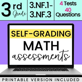 Preview of SELF-GRADING 3rd Grade Fraction Quizzes 3.NF.1-3.NF.3  [DIGITAL + PRINTABLE]