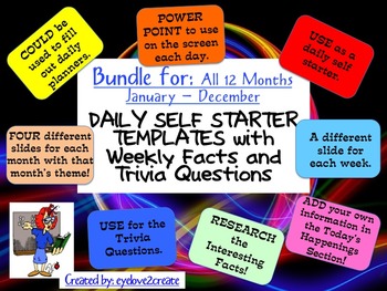 Preview of SELF STARTER TEMPLATES {TRIVIA FACTS/TRIVIA QUESTIONS} {BUNDLE- All 12 Months}