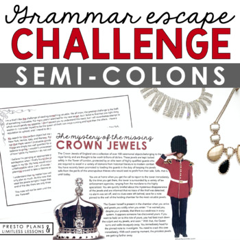 Preview of Semicolons Punctuation Grammar Activity Escape Room Challenge, Slides, & Quiz