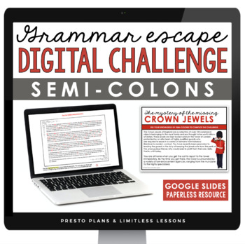 Preview of Semicolons Escape Room Punctuation Digital Activity, Google Slides, and Quiz