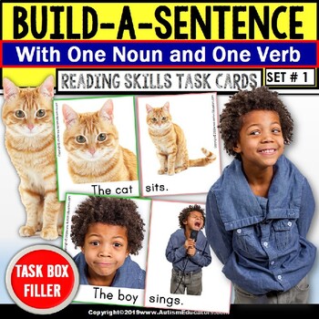 Preview of SENTENCE BUILDING with Picture Nouns and Verbs Task Box Filler for Autism