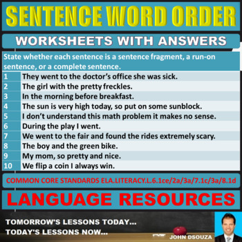 Preview of SENTENCE WORD ORDER WORKSHEETS WITH ANSWERS